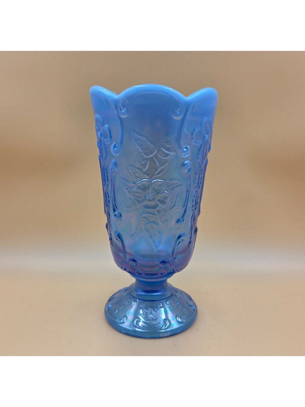Fenton Gracious Touch Wild Rose Bowknot #2851 Sapphire Blue Opalescent Vase